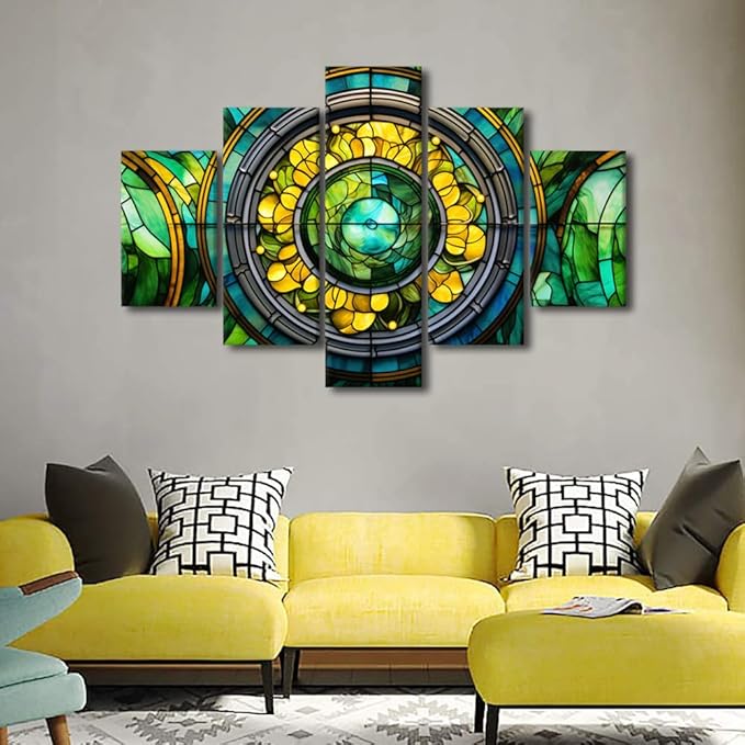 Canvas Wall Art Abstract Canvas Wall Art Decor Green Yellow Brown Canvas Artwork 5 Panel Living Room Decor for Native Americans Bedroom Home Wall Decor Stretched and Framed Ready to Hang 60x40 in