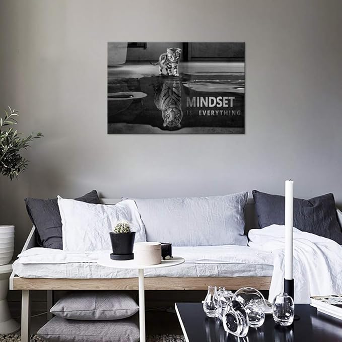 Black and White Small Cat Big Tiger Posters Inspirational Wall Art Motivational Posters Inspiring Entrepreneur Quotes Mindset is everything Pictures Home Decor for Office Classroom Gym (24”Hx36”W)