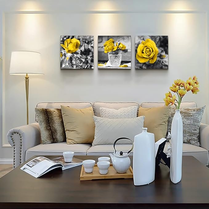 Canvas Wall Art - Bedroom, Kitchen, Living Room, Girls Room Decor - Black And White Wall Pictures - Yellow Rose Flowers - 3 Piece Set