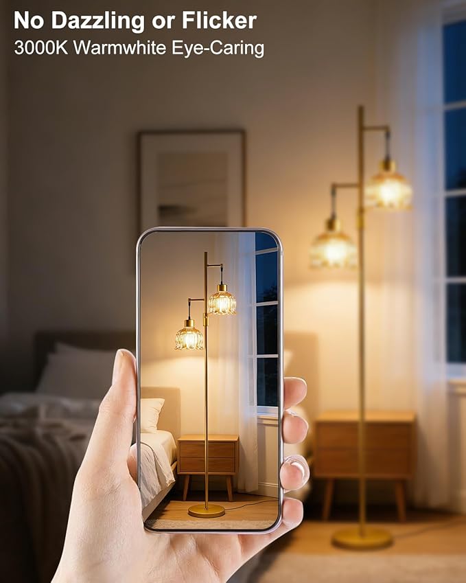 Lightdot 2- Light Gold Flower Floor Lamp, 65IN Brown Glass Floor Lamps with 3000K Warm White Bulbs, Modern Standing Tall Lamp for Living Room Bedroom Home Office Corner Sofa Beside