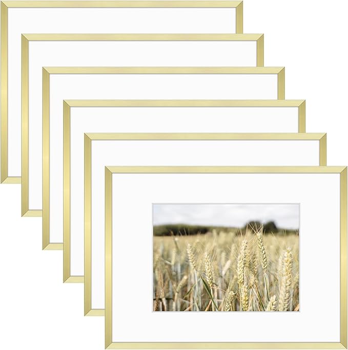 Golden State Art, Gallery Wall Frame Set of 6 - Gold 9x12 Aluminum Photo Frames with Mat for 6x8 Pictures - 9 x 12 inch Metal Frame with Real Glass Cover - Elegant Home or Office Decor