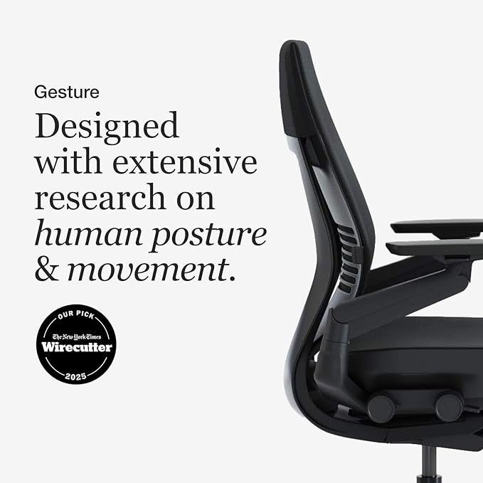 Steelcase Gesture Office Chair - Ergonomic Work Chair with Wheels for Carpet - Comfortable - Intuitive-to-Adjust for Desk - 360-Degree Arms - Licorice Fabric, Dark Frame