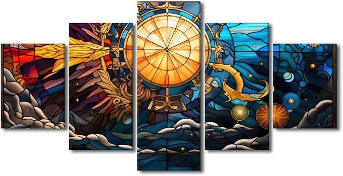 Canvas Wall Art Modern Bedroom Decor Stained Glass Style Poster Prints on Canvas Sea Sun Moon Stars Anchor Painting Art 5 Panel Wall Art for Office Decor Stretched and Framed Ready to Hang 60x32 in