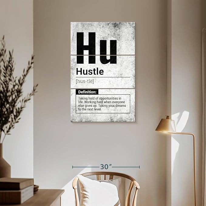 Elephant Stock - Hustle Definition Grunge Wall Art - Vertical Multi Panel Canvas - 3 Piece Living Room Wall Decor - Digital Art Inspirational And Typography Multi Piece Wall Art - Black And Gray Decor - 36" x 57"