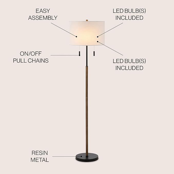 JONATHAN Y 61" Brown Wood/Black 2-Light Iron Candlestick LED Floor Lamp, Rustic Farmhouse Standing Lamp with Dual Pull Chains, White Linen Shade, LED Bulbs Included JYL1141A