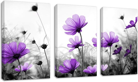 Flowers Wall Art Canvas Pictures Purple Wildflowers Black and White Background 3 Piece Canvas Art Blossom Contemporary Artwork for Home Decoration Office Kitchen Wall Decor 16"x 24" x 3 Panels