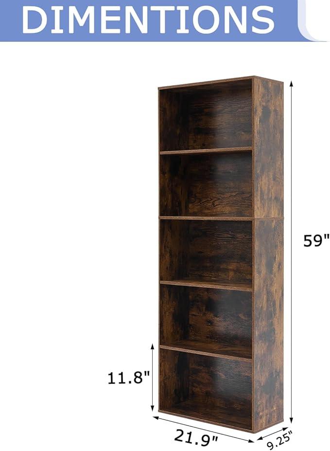 Bookshelves and Bookcases,5-Tier Open Storage Shelf, Floor Standing Display Storage Shelves for Home Office, Living Room, Bedroom, Brown
