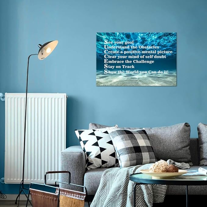 Inspirational Canvas Wall Art Motivational Posters Success Painting Blue Ocean Sea Pictures Positive Motto Office Quotes Prints Artwork for Living Room Teen Bedroom Framed Easy to Hang-16x12 inches