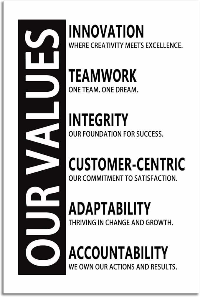 Inspirational Our Values Posters Office Wall Decor Motivational Wall Art Picture Stretched and Framed for Living Room Wall Art Modern Company Gym Decor Canvas Print Painting Artwork[12''W x 18''H]