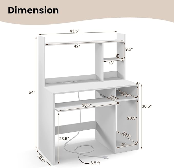 Giantex Computer Desk with Hutch, 43.5 Inch Home Office Desk with Keyboard Tray & Charging Station, Laptop PC Table for Workstation, Modern Study Writing Desk for Small Space, Bedroom, White