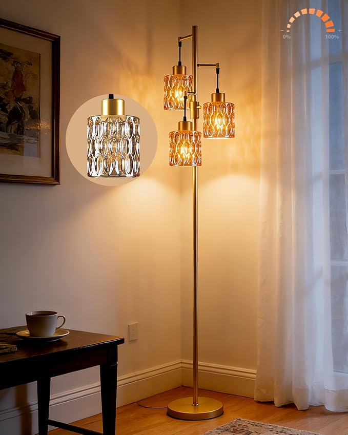 Lightdot 67" 3-Light Glass Floor Lamp for Living Room, Dimmable with Brown Glass Shade & E12 Bulbs Included, Mid Century Standing Tall Lamp for Bedroom/Sofa Beside/Corner Decor - Gold