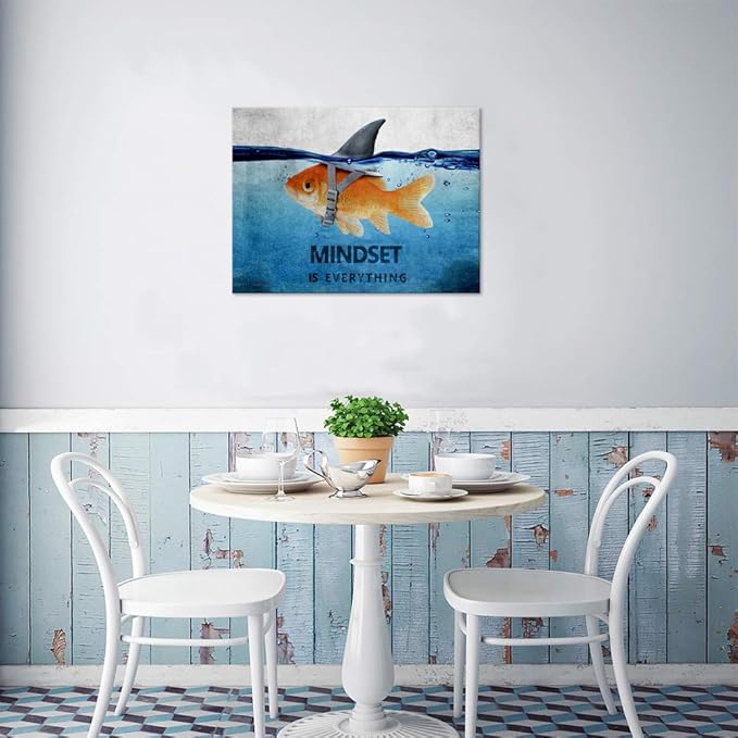Inspirational Posters Mindset is Everything Painting Prints on Canvas Goldfish Big Shark Picture Motivational Entrepreneur Quotes for Living Room Office Home Decor House Warming Presents (28”Hx44”W)