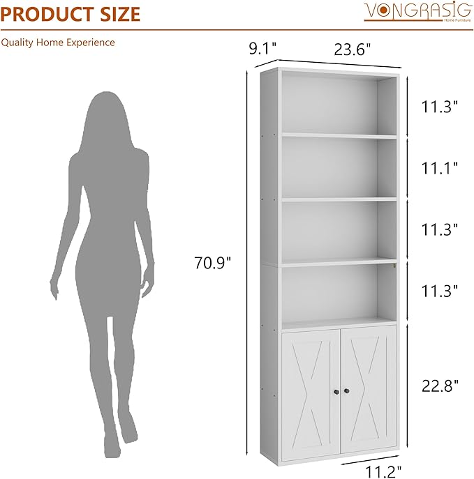 Vongrasig 6-Tier Open Bookcase and Bookshelf with Doors, Floor Standing Farmhouse Display Storage Shelves 71 Inch Wood Tall Bookcase for Home Office, Living Room, Bed Room, White, 2 Pieces