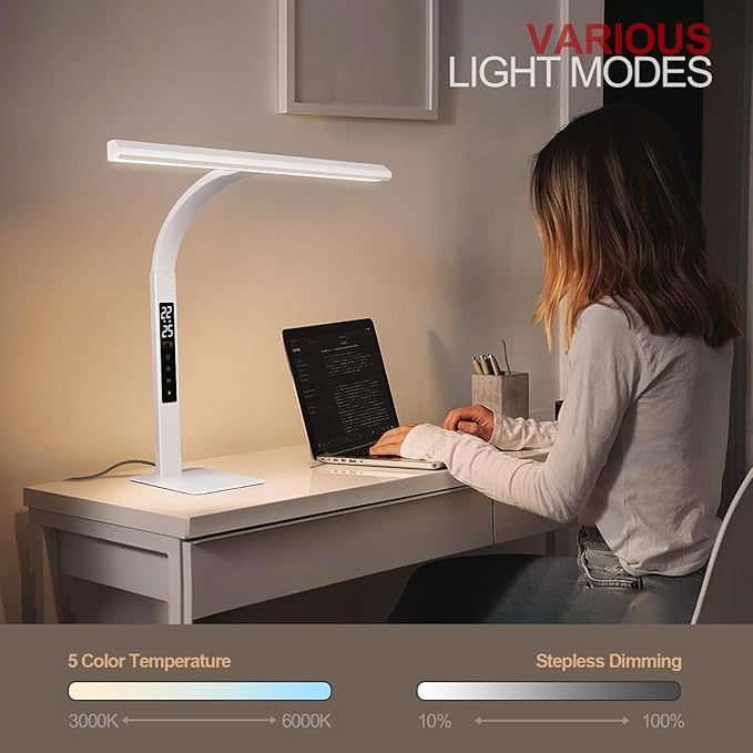 LED desk lamp for home office, architect computer work light,Touch color temperature stepless dimming and adjustable flexible gooseneck tube. desk lamp with clock , suitable for reading and studying.