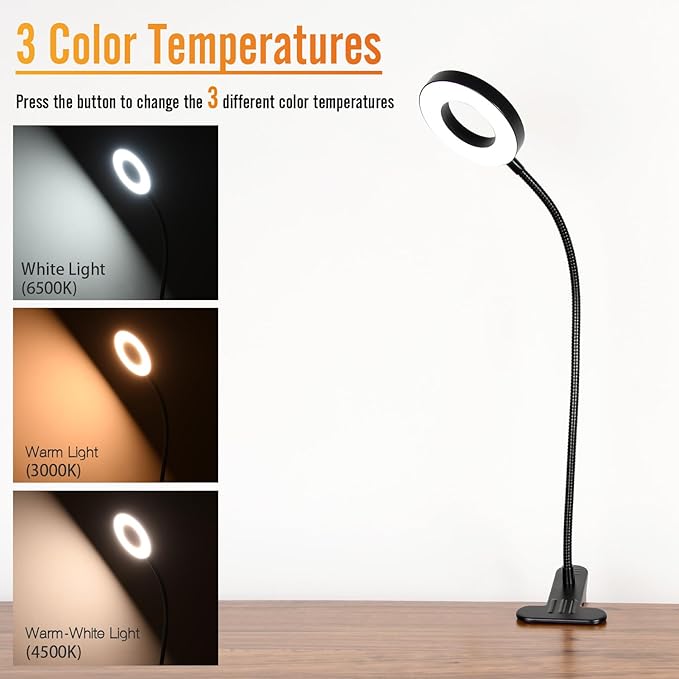 Clamp on Lamp, Desk Lamps, 8W Clip Light, Warm & Daylight & White Light 3 Colors, 10 Dimmable Illumination Modes (3 Pack)