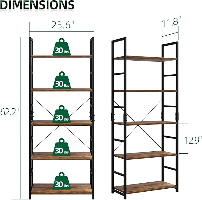 OTK 5 Tier Bookshelf, Tall Bookcase, Office Shelf Storage Organizer, Modern Book Shelf for Living Room, Bedroom, and Home Office, Vintage