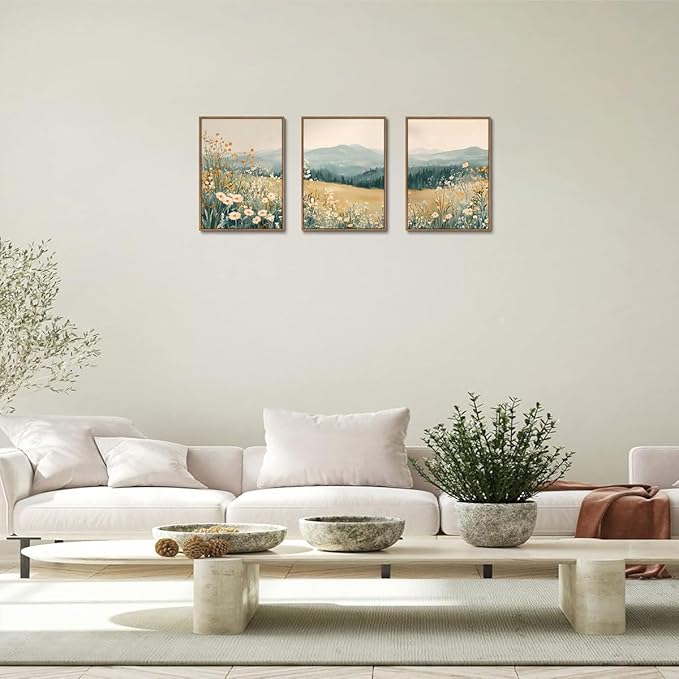 KISSFOX 3 Piece Framed Wildflower Wall Art Floral Wall Decor Landscape Flower Pictures Mountain Canvas Art Daisy Paintings Farmhouse Artwork For Bedroom Bathroom Living Room