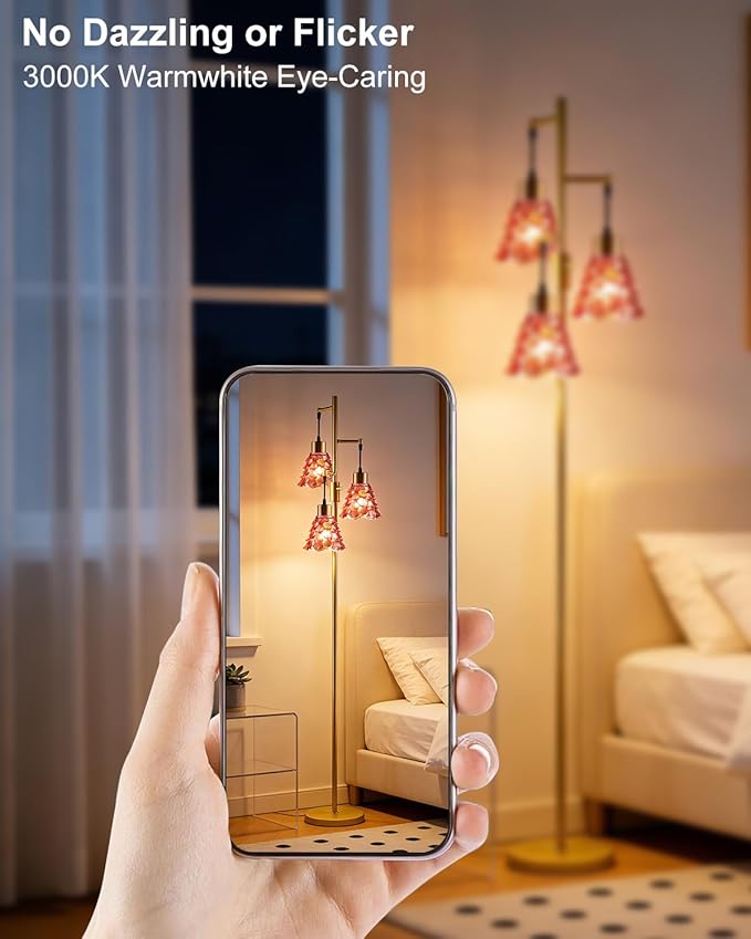 Glass Floor Lamps for Living Room, 67'' 3-Light Dimmable Floor Lamp with Rose Red Glass Shade& E12 Bulbs Included, Mid Century Standing Tall Lamp for Bedroom/Sofa Beside/Corner Decor-Gold