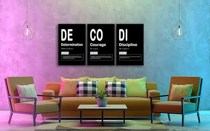 Inspirational Discipline Noun Poster Determination Courage Motivational Canvas Wall Art 3 Pieces Prints Artwork Living Room Modern Home Decor Painting Pictures Framed Ready to Hang [72" W X 36" H]