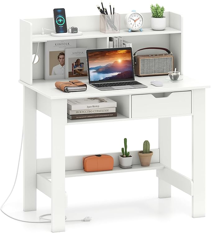 Giantex White Computer Desk with Hutch, Home Office Desk with Power Outlets, USB Ports, Type-C, Storage Shelf & Drawer, Modern Laptop PC Table Computer Workstation, Study Writing Desk for Bedroom