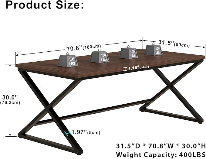 IBF Large Computer Desk, 70.8” Long Home Office Desk for Writing, Modern Simple Executive Work Desk for Study, Wood Metal Double PC Gaming Workstation Computer Table for Bedroom, Walnut, 70 inch