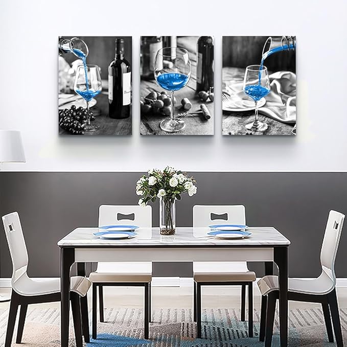 Lapremoly Blue Wine Wall Art Prints - 3 Pieces Canvas Art for Kitchen, Dining Room, Bar, Restaurant - Modern Inspiration Wall Decor with Black and White Wine Glasses Theme