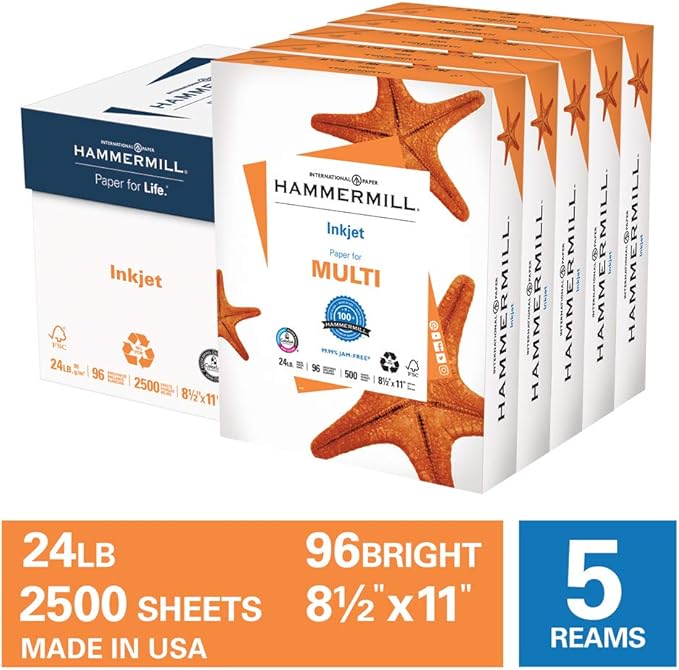 Hammermill Printer Paper, Multipurpose Inkjet Paper 24 lb, 8.5 x 11-96 Bright, Made in the USA, 105050C - 5 Ream (2,500 Sheets)