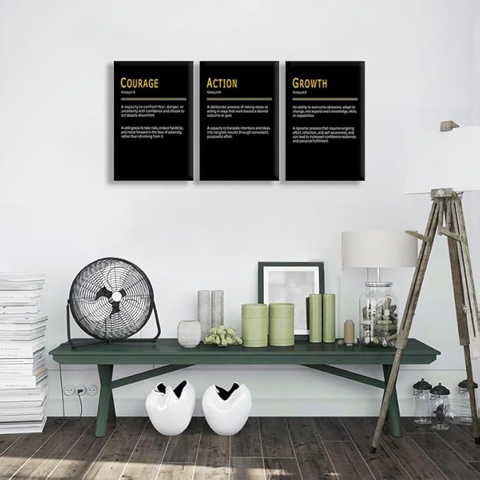3 Pieces Inspirational Wall Decor COURAGE ACTION GROWTH Noun Painting Modern Artwork Positive Quotes Promote Personal Progress Motivational Wall Art for Office Home Workplace Framed [48''Wx 24''H]