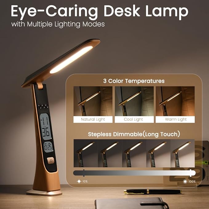 Rechargeable Cordless LED Desk lamp, dimmable Table lamp with Battery,Digital Clock,LCD,Date,Stepless Brightness Foldable Portable Lights for Home,Reading,Office (Brown)