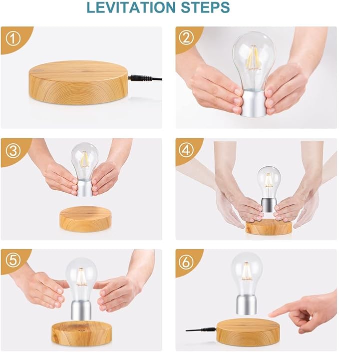 VGAzer Magnetic Levitating Floating Wireless LED Light Bulb Desk Lamp for Unique Gifts, Room Decor, Night Light, Home Office Decor Desk Tech Toys (Round Wooden Base.)