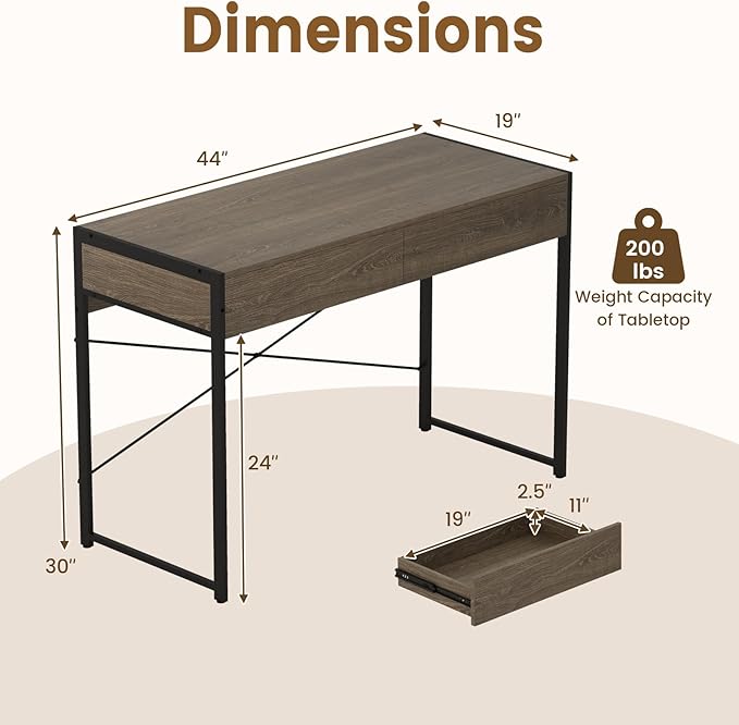 Giantex Computer Desk with 2 Drawers, 44 Inch Home Office Desk with Anti-Toppling Device & Metal Frame, Compact Laptop PC Table, Vanity Table, Modern Study Writing Desk for Small Spaces (Grey Oak)