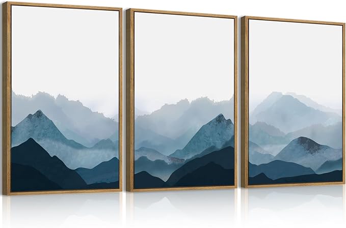 BINCUE Framed Blue Mountain Wall Decor Fog Blue Ridge Mountains Wall Art 16x24 Inches Minimalist Landscape Paintings Framed Mountains Wall Art Decor Simple Landscape Artwork for Living Room Bedroom Office Set of 3