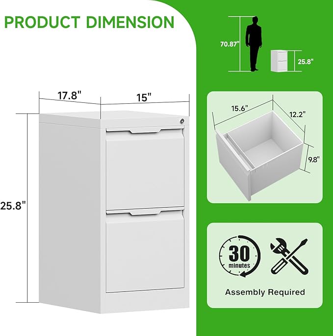 2 Drawer File Cabinet with Lock, Heavy Duty Steel Under Desk Vertical Filing Cabinet for Home Office Use, Printer Stand with Drawers, for A4/Letter-Size Files, Easy to Assemble,White