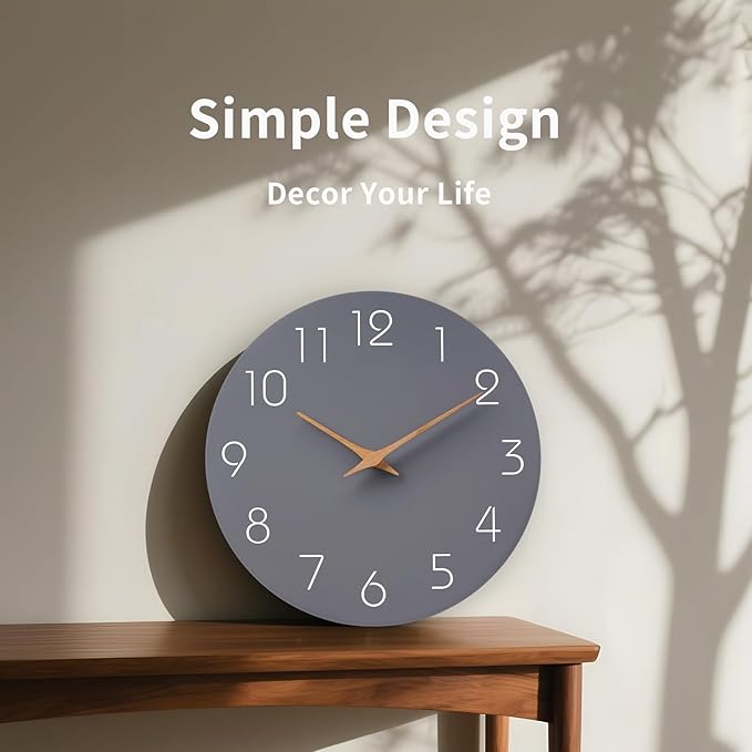 Mosewa Wall Clock Silent Non Ticking Decorative for Kitchen Bedroom Bathroom Office Living Room Battery Operated 10 Inch Gray Modern