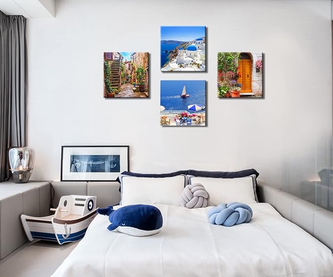 Santorini Greece Canvas Wall Art, Nature Landscape Pictures Print Rustic Scenic Paintings for Bedroom Living Room Office, Wall Decor Modern Artwork