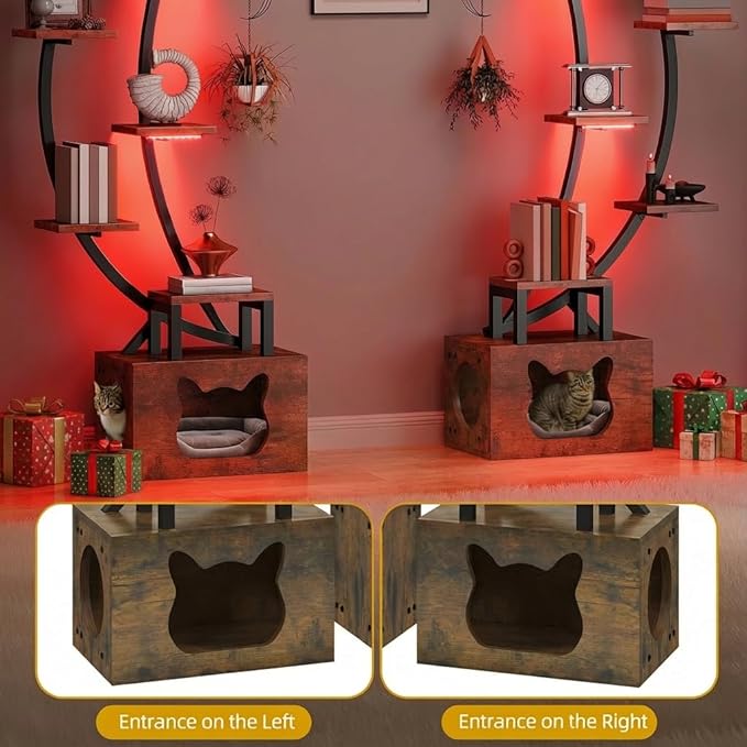 DWVO Tall Bookshelf with LED Light, Artistically Designed Moon Arched Bookcase with Cats Litter Box,10-Tier Bookcase Corner Display Shelf for Home Office, Bedroom