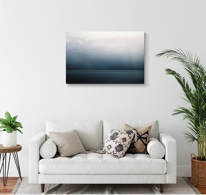 Large Canvas Wall Art Modern Abstract Art Paintings Green Mountains Blue Sea Under the Grey Sky Scenery Framed Artwork Pictures for Living Room Bedroom Hallway Wall Decor 36x24in
