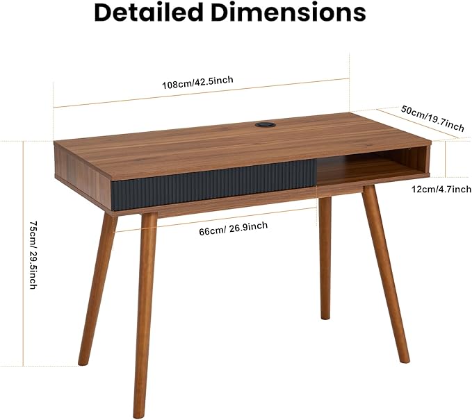 Artswish Mid Century Modern Office Desk with Drawer & Open Cubby, 42.5" Walnut Writing Desk with Cable Grommet, Solid Wood Legs, Simple Home Office Desk for Bedroom Study, Walnut