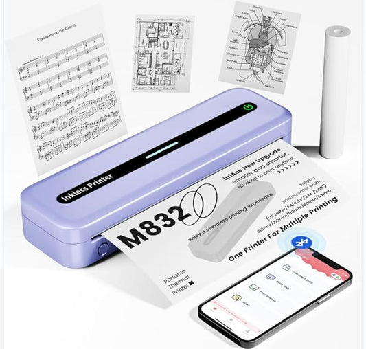 Portable Printer, 300DPI Wireless Bluetooth Thermal Printers, Support Multi-Size Thermal Paper, Compatible with iOS, Android & PC, Inkless Mobile Printer for Travel, Office, School, Purple