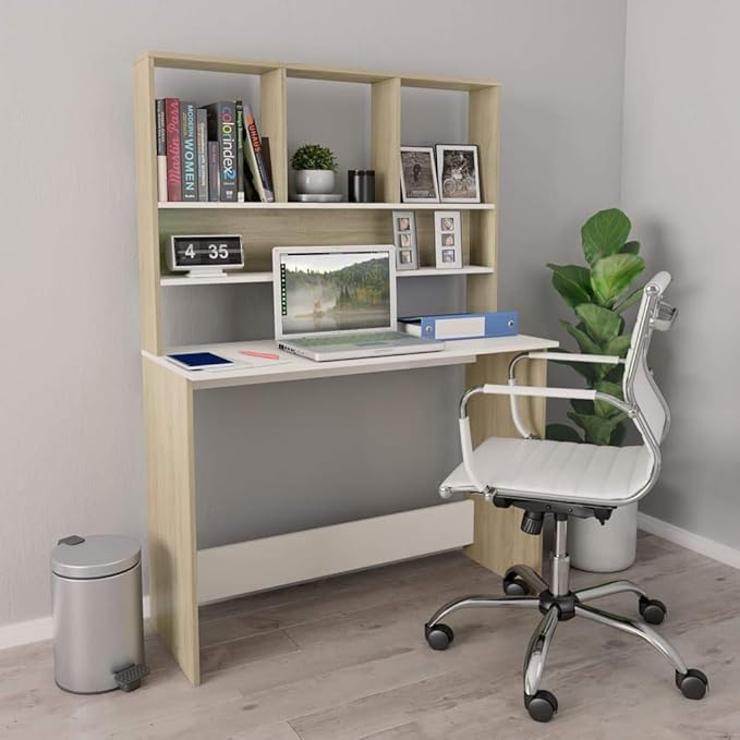 Modern Computer Desk Writing Study Table with Upper Cabinet, Home Office Student Table Laptop PC Writing Desk Home Office Writing Desk, White and Sonoma Oak 43.3"x17.7"x61.8"
