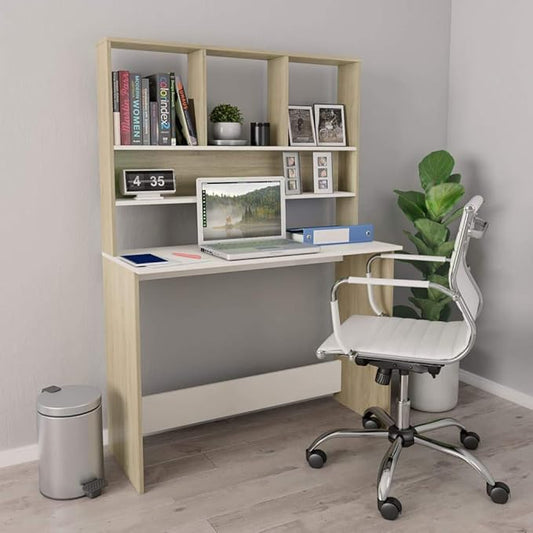 Modern Computer Desk Writing Study Table with Upper Cabinet, Home Office Student Table Laptop PC Writing Desk Home Office Writing Desk, White and Sonoma Oak 43.3"x17.7"x61.8"