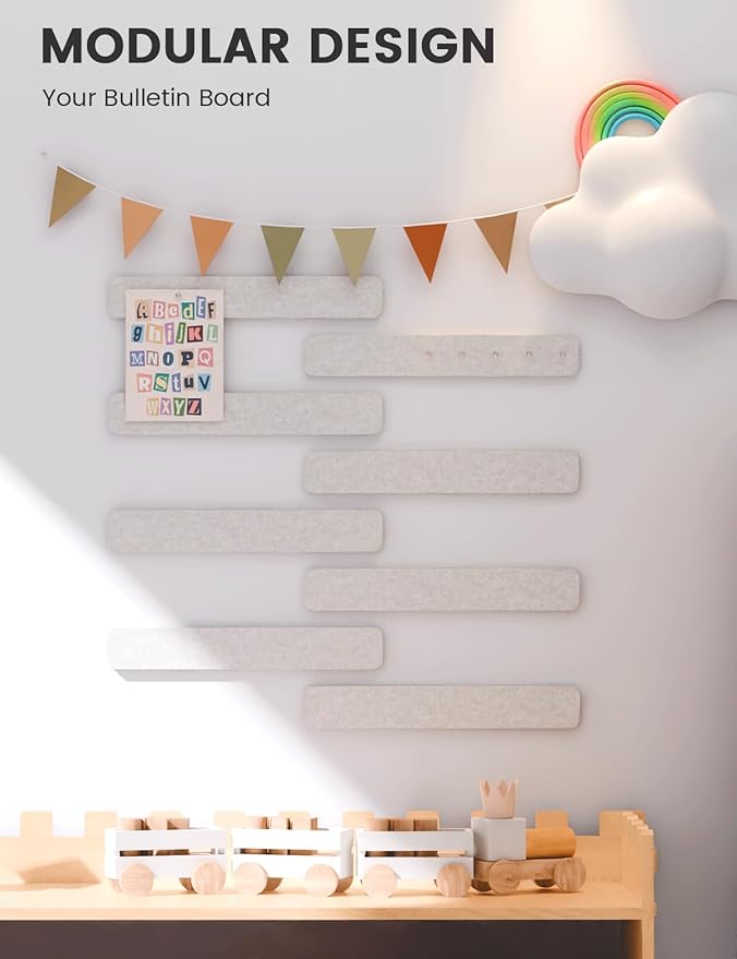 Fluxynara Cork Board Alternative Felt Strip Board 8-Pack 13"x2", Office Pin Board with 50 Push Pins, Adhesive Install for Bedroom Door & Home Office(Oatmeal)