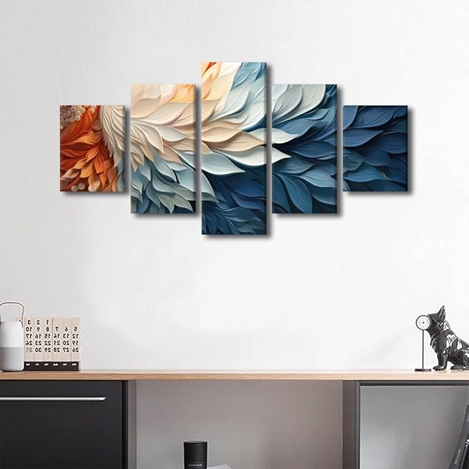 Abstract Canvas Wall Art Decor Modern Living Room Wall Art for Men Blue White Orange Poster Printing 5 Panel Home Decor for Lady Bedroom Office Wall Decor Stretched and Framed Ready to Hang 60x32 in