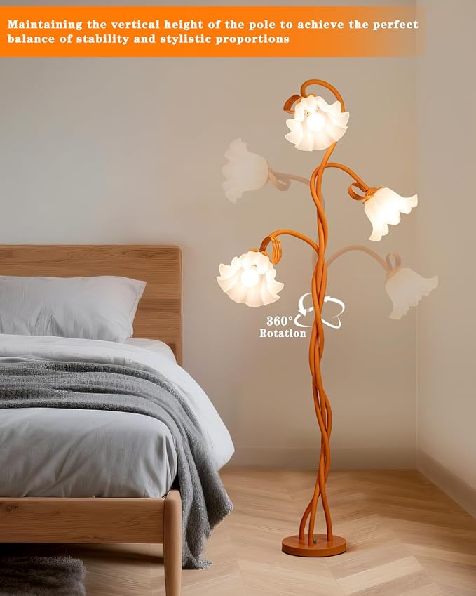 Flower Standing Lamp for Bedroom - 3 Color Temperatures Decorative Flower Tall Floor Reading Lamp with Flexible Neck for Bedroom Living Room Office Corner (Orange)