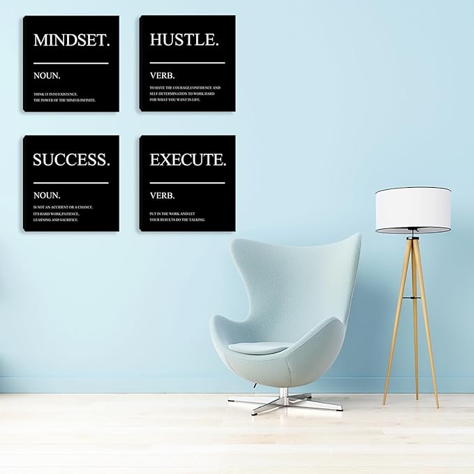 Home Office Wall Decor - Framed Motivational Wall Art for Office - Inspirational Hustle Wall Art - Mindset Canvas Wall Art Decorate for Living Room Bedroom Men Office Decor - 16"x16"x4PCS