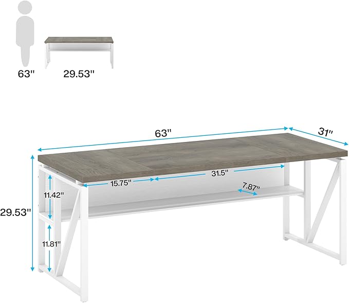 Tribesigns 63 inches Computer Desk with Bottom Storage Shelf Home Office Desk Writing Table for Workstation,Dark Walnut + Steel Leg， Cabinet not Included (Dark Oak, 63-inch-with Shelf)