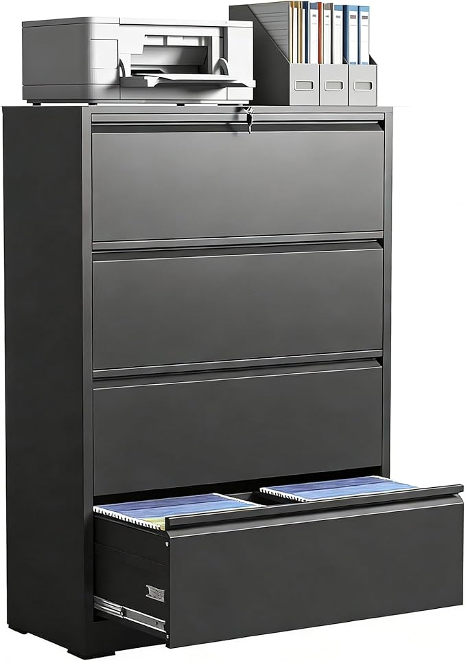 4 Drawer Lateral File Cabinet with Lock, Metal Lateral Filing Cabinet for Home Office, Steel Wide Horizontal Filing Cabinets for Letter/Legal/A4/F4 Hanging Files (Black)