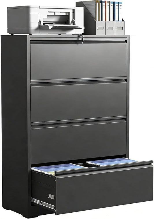 4 Drawer Lateral File Cabinet with Lock, Metal Lateral Filing Cabinet for Home Office, Steel Wide Horizontal Filing Cabinets for Letter/Legal/A4/F4 Hanging Files (Black)