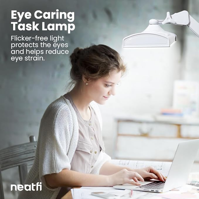 Neatfi Ultra 3,500 Lumens LED Desk Lamp – 45W, 26” Wide Metal Shade, 270 SMD LEDs, Shadow-Free | Adjustable Brightness | Non-Flickering Task Light for Nail, Craft & Office (Non-CCT with Clamp, White)
