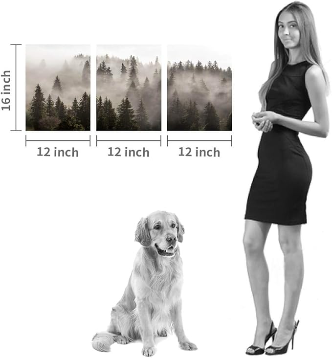 Foggy Forest Picture Wall Art: Landscape Painting Misty Pine Trees Artwork Print on Canvas for Kids Rooms(16"x12"x3pcs)